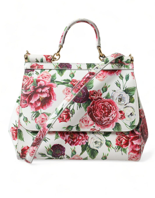 Dolce & Gabbana White Floral Leather Top Handle Shoulder Satchel SICILY Bag