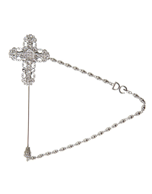 Dolce & Gabbana Silver Brass Cross Crystal DG Logo Lapel Pin Brooch