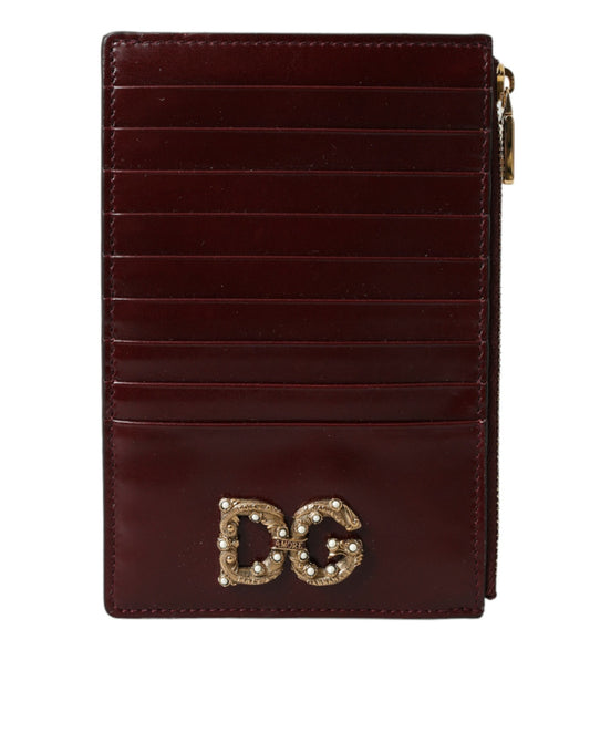 Dolce & Gabbana Maroon Leather DG Amore Zip Card Holder Wallet