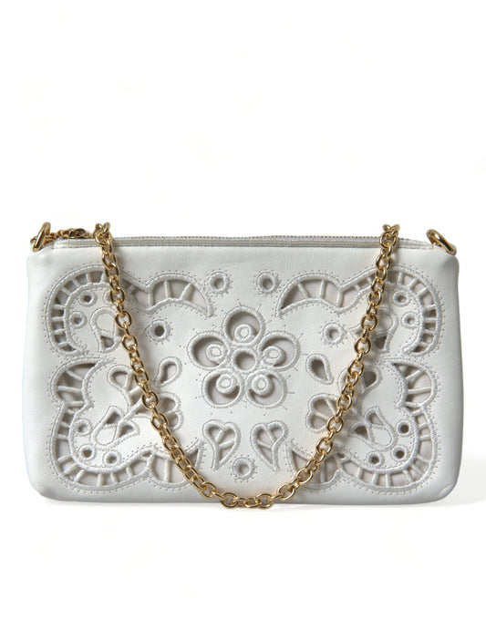 Dolce & Gabbana White Floral Embroidered Leather Chain Clutch Bag