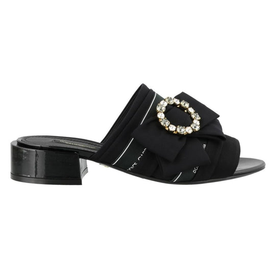 Dolce & Gabbana Elegant Leather Slippers with Rhinestone Brooch