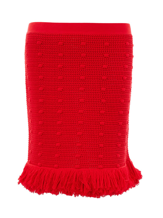 Bottega Veneta Elegant Red Pompom Detail Pencil Skirt