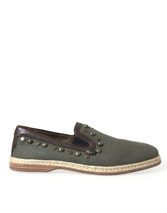 Dolce & Gabbana Gray Linen Leather Studded Loafers Shoes