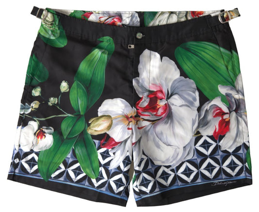 Dolce & Gabbana Black Floral Orchids Beachwear Shorts Swimwear