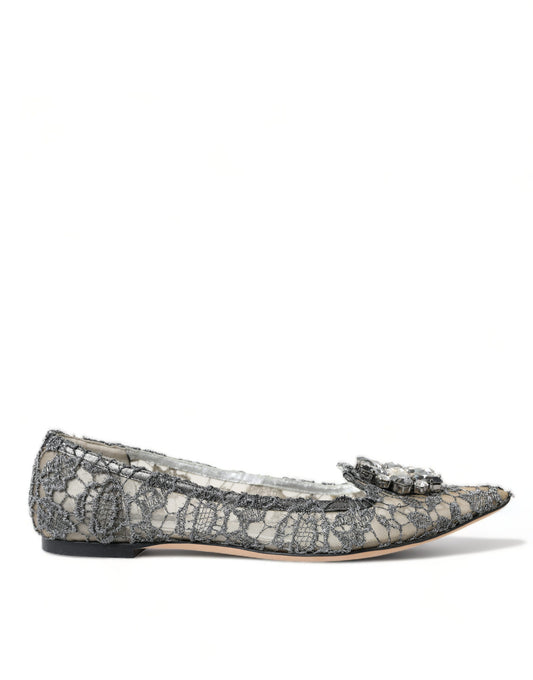 Dolce & Gabbana Silver Vally Taormina Lace Crystals Flat Shoes