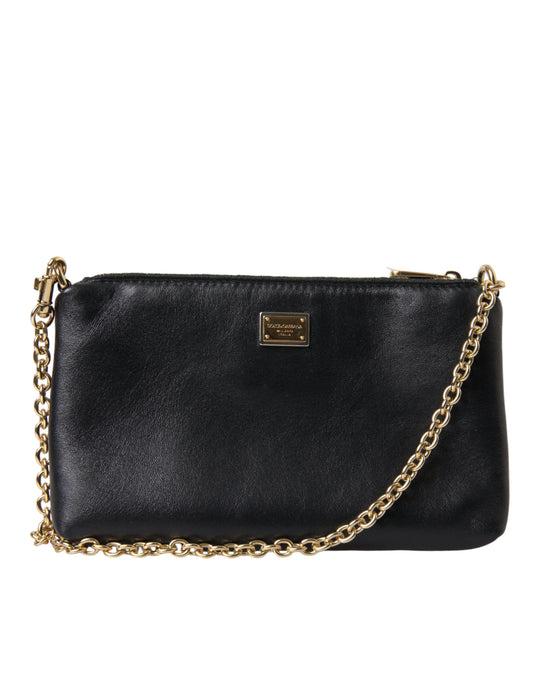 Dolce & Gabbana Black Floral Embroidered Leather Chain Clutch Bag