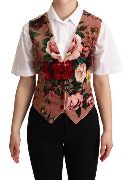 Dolce & Gabbana Pink Floral Print Velvet Sleeveless Vest