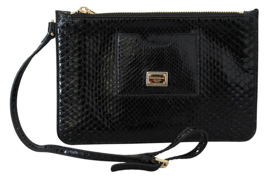 Dolce & Gabbana Elegant Black Leather Clutch with Gold Accents