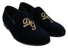 Dolce & Gabbana Blue Velvet Gold Logo Slipper Loafers Shoes