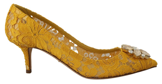 Dolce & Gabbana Yellow Lace Heels with Crystal Embellishment