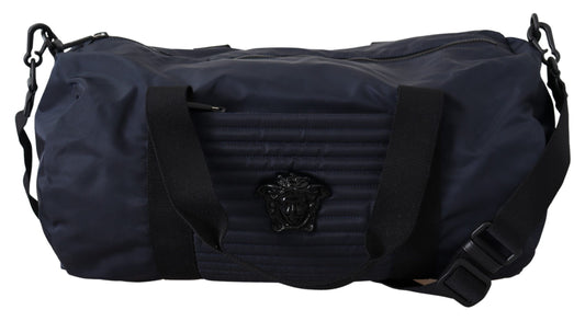 Versace Elegant Blue Nylon Travel Bag with Leather Details
