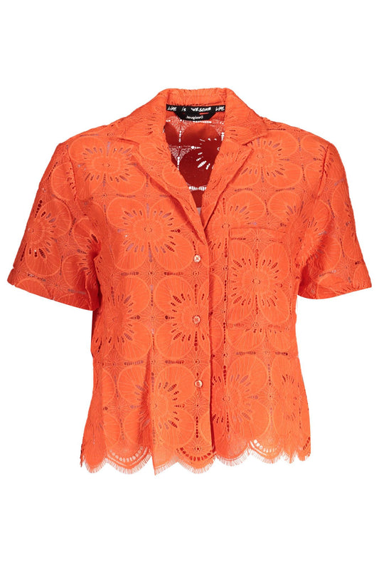Desigual Vibrant Orange V-Neck Shirt with Contrasting Details