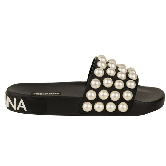 Dolce & Gabbana Chic Black Leather Slippers with Pearl Detail