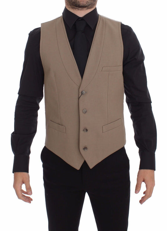 Dolce & Gabbana Beige Cotton Slim Fit Button Front Dress Vest