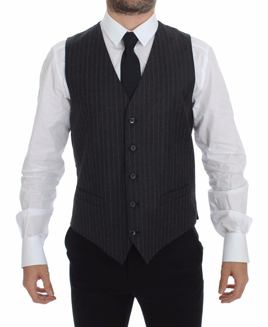 Dolce & Gabbana Gray Striped Wool Logo Vest Gilet Weste