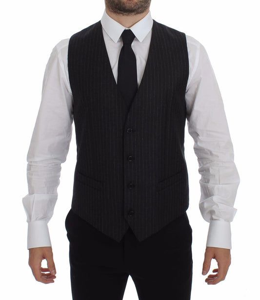Dolce & Gabbana Gray Striped Wool Logo Vest Gilet Vests