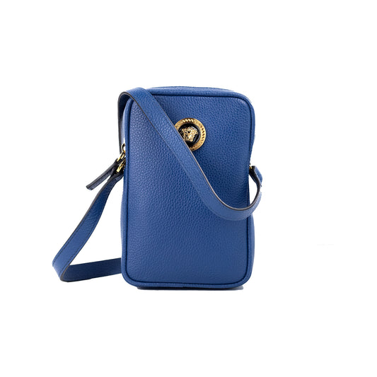 Versace Mini Navy Blue Grainy Leather Medusa Pendant Crossbody Bag