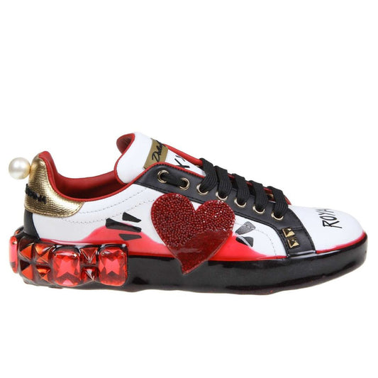 Elegant Leather Sneakers with Rhinestone Hearts