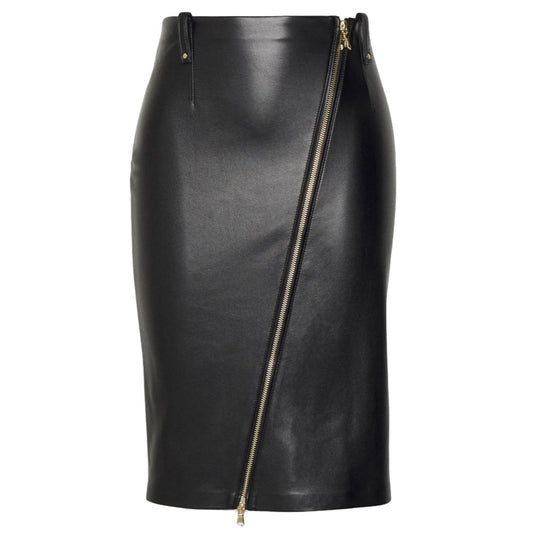 Chic Faux Leather Midi Skirt with Diagonal Zip