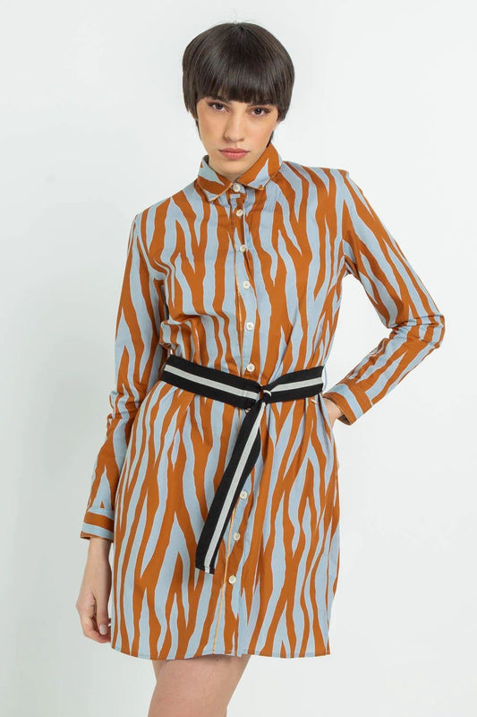 Chic Patterned Chemisier Dress with Belt